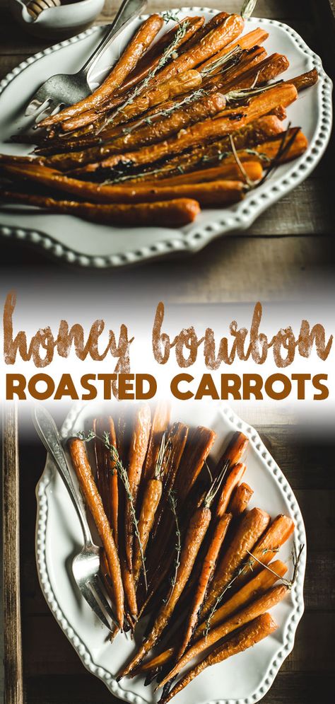 Farm fresh produce is in abundance. Honey Bourbon Roasted Carrots are a delicious and rich seasonal side to compliment your main dish. With hints of oaky and caramel notes from the bourbon and a sweet honey glaze, these carrots taste almost like a dessert instead of vegetable. #honey #bourbon #roasted #carrots Glazed Roasted Carrots, Honey Glazed Roasted Carrots, Carrots In Oven, Honey Carrots, Roast Chicken Dinner, Honey Glazed Carrots, Honey Bourbon, Baked Carrots, Roasted Vegetable Recipes