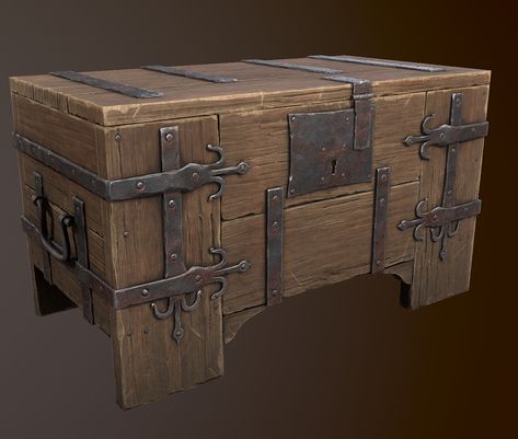 Medieval Chest Asset, Paul Carstens on ArtStation at https://www.artstation.com/artwork/aRd5e8 Chest Renovation, Medieval Chest, Wooden Chests, Wood Floor Texture, Medieval Furniture, Trunks And Chests, Anime Christmas, Game Props, Logo Design Typography