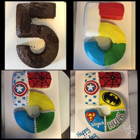 Diy Superhero Cake Easy, Superhero Birthday Cake Diy, Diy Superhero Cake, Superhero Sheet Cake, 5th Birthday Cakes For Boys, Superhero Birthday Party Cake, Super Hero Birthday Cake, Hero Birthday Cake, Marvel Cupcakes