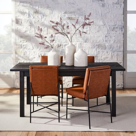 For Dining: Hearth & Hand with Magnolia Wood Dining Table Black Dining Table, Sitting Arrangement, Metal Dining Chair, Brown Leather Chairs, Hearth & Hand With Magnolia, Black Dining, Family Dining, Metal Dining Chairs, Dining Table Black