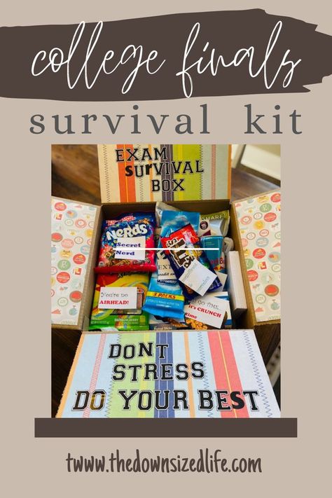 college finals survival kit Final Exam Boxes, Final Exam Survival Kit Gift Ideas, Final Survival Kit College, College Final Exam Care Package Ideas, College Daughter Care Package, Final Exam Gift Basket, Exam Week Care Package, Midterm Care Package, College Finals Week Care Packages