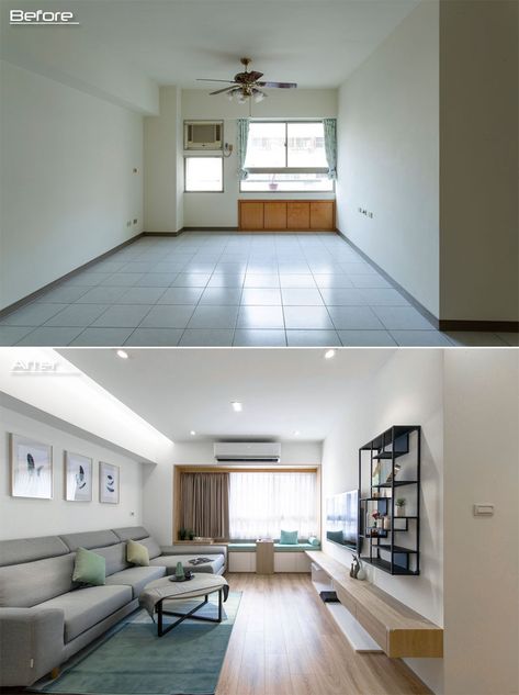 BEFORE & AFTER - The original white tile flooring featured throughout this apartment has been replaced with hardwood flooring, adding a sense of warmth and comfort to the interior. #Renovation #Flooring #ModernInterior Simple Apartments, Small Apartment Interior, White Tile Floor, Interior Minimalista, Apartment Renovation, 아파트 인테리어, Interior Renovation, After Pictures, Before And After Pictures