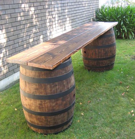 Rustic Patio Furniture, Whiskey Barrel Bar, Wine Barrel Bar, Barrels Diy, Wine Barrel Table, Diy Outdoor Bar, Barrel Projects, Barrel Bar, Barrel Decor