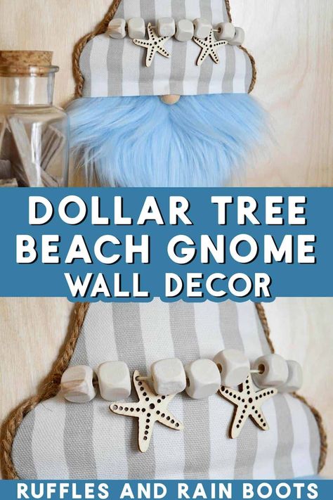 Make this adorable summer beach gnome wall hanging using Dollar Tree supplies a glue gun. Pick up an ice cream sign, a few pieces from the Shore Living nautical collection and you can make a fun beachy gnome piece in under 10 minutes. Use faux fur or a cotton mop for the beard, fabric or felt for the hat, and accent it easily with extras from your local dollar store. Included in the tutorial are three more nautical DIY and decor pieces for more beach inspired crafts. Tide Container Gnome, Beach Gnomes Diy How To Make, Beach Gnomes Diy, Dollar Tree Shower Caddy Gnome, Beach Gnomes, Dollar Tree Nautical Decor, Nautical Diy Crafts, Beach Gnome, Gnomes At The Beach