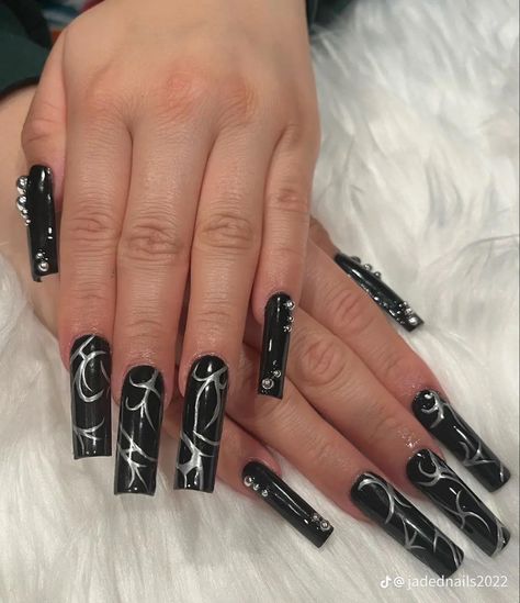 Marvel Nails, Long Black Nails, Jade Nails, Black Coffin Nails, Small Nail, Punk Nails, Gothic Nails, Long Nail Designs, Glamour Nails