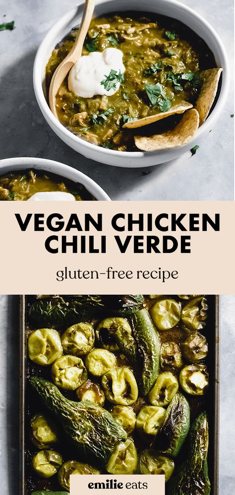 Get cozy with a bowl of this Vegan Chicken Chili Verde! It's made with roasted tomatillos, poblanos, and jalapenos, plus shredded jackfruit to substitute shredded chicken. A little spicy and very flavorful! Chicken Chili Verde, Chili Verde, Vegan Chicken, Vegan Sour Cream, Easy Vegan Dinner, Vegan Chili, Vegan Soup Recipes, Vegan Soups, Stuffed Poblano Peppers