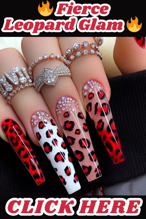 Unleash your inner wild child with these fierce and fashionable acrylic nail designs featuring a red-hot leopard print, accented with dazzling rhinestones.nailart,nails,naildesigns,nailinspo,manicure,beauty,fashion,style,gelnails ,acrylic nails,nailartdesigns,geometric nails,floralnails,frenchmanicure,ombrénails ,marblenails,summer nails,winternails,holidaynails,weddingnails,valentinesnails ,rednails,pinknails,bluenails,nudenails,blacknails,springnails Red Cheetah Print Nails, Red Leopard Print Nails, Red Nails Summer, What Are Acrylic Nails, Wild Nails, Club Nails, Leopard Nail Designs, Geometric Nails, Pop Art Nails