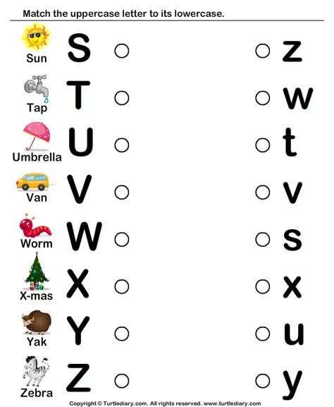 Download and print Turtle Diary's Draw Line to Match Letters S to Z worksheet. Our large collection of ela worksheets are a great study tool for all ages. Letter Matching Worksheet, Match Worksheet, Nursery Worksheets, Letter Worksheets For Preschool, English Worksheets For Kindergarten, Alphabet Worksheets Kindergarten, Tracing Worksheets Preschool, Free Preschool Worksheets, Kids Worksheets Preschool