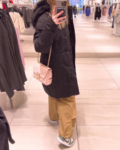 coat, the north face purse, michael kors pants, zara shoes, Jordan 1 Mids Dutch Green (StockX) #trending #fyp #aesthetic #outfit #fashion #cool #stylish #newyorkcity #streetwear #winteroutfit #mirror #mirrorpics #wow Sneaker Fits, Shoes Jordan 1, Jordan 1 Mids, Fyp Aesthetic, Shoes Jordan, Aesthetic Outfit, Zara Shoes, Winter Outfit, Jordan 1