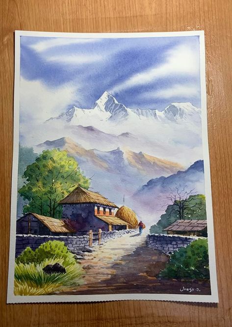 Senery Pic Drawing Watercolor, Watercolour Scenery Painting, Watercolor Scenery Easy, Scenery Painting Watercolor, Nepal Landscape, Watercolor Scenery Painting, Watercolor Negative Painting, Easy Scenery, Pencil Colours