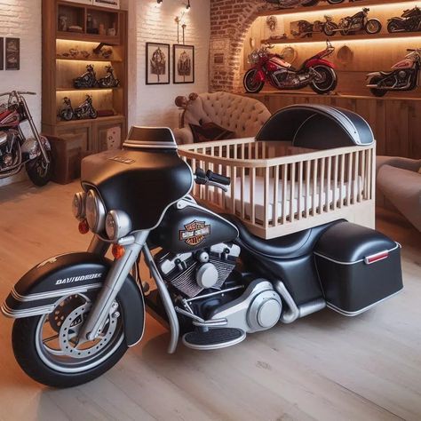 Harley Davidson Shaped Baby Crib 🏍️👶🛏️ Too Good to Be True! Harley Davidson Furniture, Motorcycle Nursery, Harley Baby, Harley Davidson Decor, Nursery Layout, Harley Davidson Baby, Coordinates Decor, Whimsical Nursery, Stylish Nursery