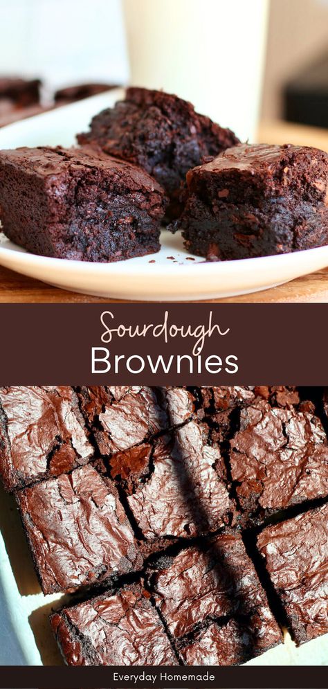 Indulge in the ultimate homemade dessert with these Sourdough Brownies! This easy one-bowl recipe creates chewy, fudgy brownies packed with rich chocolate flavor. Using sourdough discard or active starter adds depth, while cocoa powder and chocolate chips ensure every bite is decadent. Baked in an aluminum square pan, they're perfectly thick and oh-so-delicious! Pantry Mama Chocolate Sourdough, Sourdough Discard Gingerbread Loaf, Double Chocolate Espresso Sourdough, Sourdough Cornbread Muffins, Chocolate Sourdough Starter, Sourdough Recipes With Active Starter, Winter Sourdough Recipes, Sourdough Recipes Healthy, Sourdough Discard Brownie Recipes