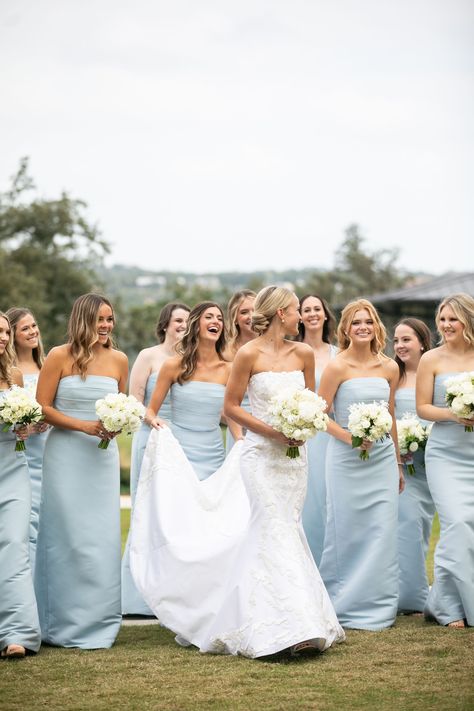 Wedding Light Blue Theme, Neutral Wedding Colors Summer, Light Blue Bridal Party, Light Blue And Navy Wedding, Light Blue Wedding Theme, Baby Blue Bridesmaid, Pale Blue Bridesmaid Dresses, Bridal Era, Coastal Blues