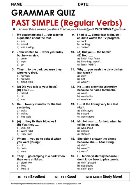 English Grammar Parts Of Speech Www.allthingsgrammar.com Parts-of-speech.html 4EF Past Simple Regular Verbs Worksheets, Past Simple Grammar, English Grammar Test, English Quiz, Grammar Quiz, Past Simple, English Teaching Materials, Regular Verbs, Grammar Exercises