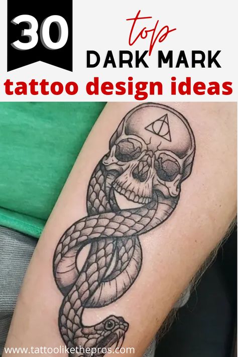 If you’re an avid fan of the Harry Potter series with a particular fondness for the house of Slytherin and the Dark Arts, then the Dark Mark tattoo theme is perfect for you. It’s an awesome design that any loyal Harry Potter fan will immediately recognize upon seeing your tattoo. It looks awesome on your skin, and it’s even a pretty great icebreaker! Check out these 30 top dark mark tattoo design ideas for inspiration. Dark Mark Tattoo Design, Harry Potter Tattoos Dark Mark, Deatheater Tattoo Design, Dark Mark Tattoo Feminine, Harry Potter Dark Mark Tattoo, Slytherin Tattoo Ideas, Dark Themed Tattoos, Dark Mark Harry Potter, The Dark Mark Tattoo