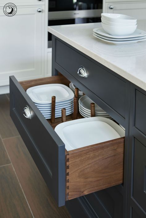 The kitchen island features a bank of drawers, including this deep drawer with peg board for crockery storage. Gaby knew from her previous Davonport kitchen the value of having enough storage, so it was at the core of this project. Kitchen Island With Drawers, Crockery Storage, Blue Shaker Kitchen, Island Drawers, Island Storage, Kitchen Island Storage, Bespoke Kitchen Design, New Kitchen Designs, Drawer Design