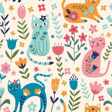 Cat Cafe Illustration, Flowers And Cats, Cats And Flowers, Surface Patterns, Flowers Cute, Wood Painting Art, Floral Cat, Cat Flowers, Painted Chairs