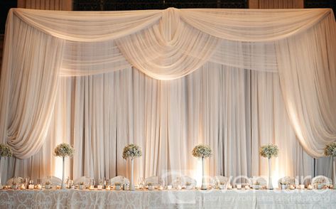 Luxury Wedding Backdrops and Draping Toronto Head Table Wedding Backdrop, Western Wedding Decorations, Head Table Backdrop, Wedding Drapery, Draping Ideas, Wedding Draping, Wedding Setup, Head Table Wedding, Head Tables