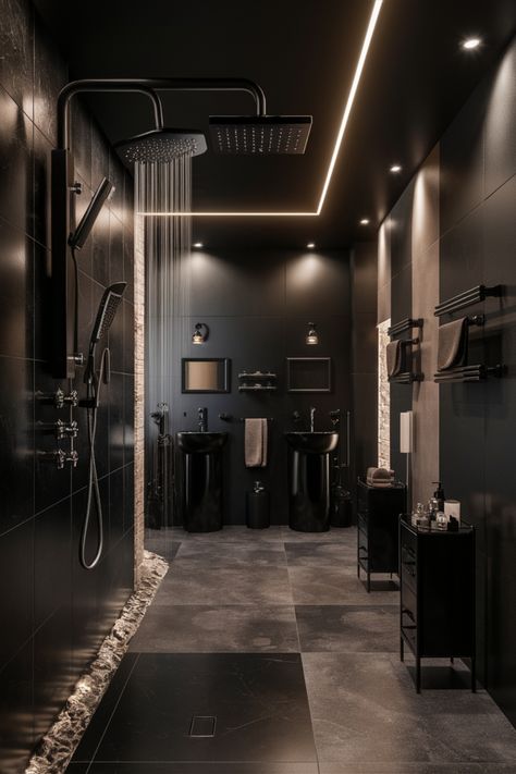 Luxurious modern bathroom with black fixtures, dual sinks, and a rainfall showerhead. Black Washroom Ideas, Black Interior Home Design, Dark Theme Bathroom, Small Washroom Decor Ideas, Master Bathrooms Luxury, All Black Bathroom, Black Bathrooms, Black Bathroom Ideas, Black Marble Bathroom