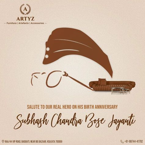 We praise and remember the under-appreciated hero whose self-sacrifice and bravery helped build the nation we see today. Artyz wishes you all Happy Subhash Chandra Bose Jayanti. #Netaji #NetajiJayanti #NetajiSubhasChandraBose #JaiHind #India #Artyz Netaji Birthday Poster, Netaji Jayanti Creative Ads, Netaji Subhas Chandra Bose Jayanti, Netaji Jayanti, Netaji Subhash Chandra Bose Jayanti, Subhash Chandra Bose Jayanti, Netaji Subhas Chandra Bose, Subhash Chandra Bose, Subhas Chandra Bose