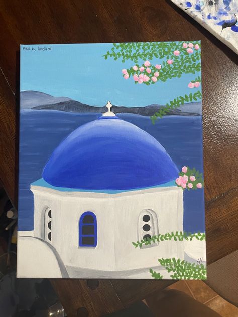 International Paintings, Rock Painting Flowers, Greece Painting, Cute Easy Paintings, Greece Aesthetic, Pink Canvas Art, Painting Videos Tutorials, Acrylic Painting Inspiration, Simple Canvas Paintings