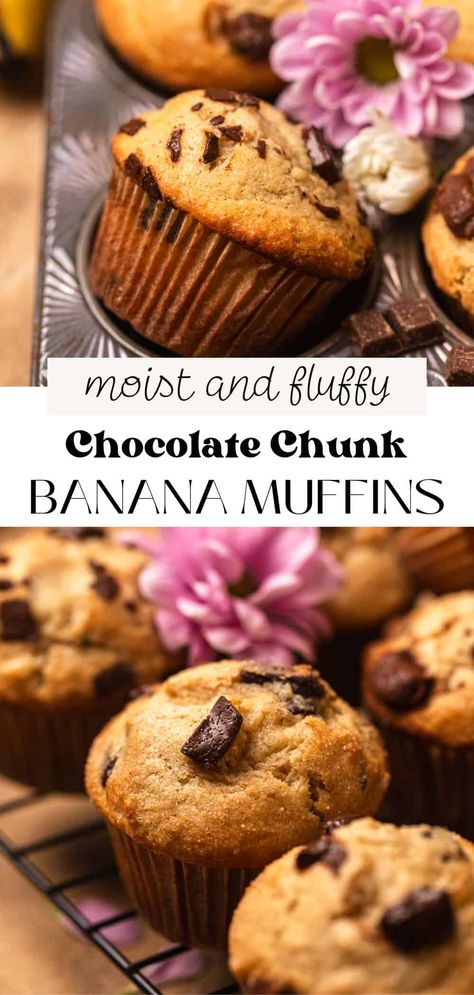 These moist banana chocolate chunk muffins are the perfect way to use up leftover mushy bananas on your counter! The muffins are fluffy and tender, packed with banana flavor and melty pools of chocolate. They come together in under 30 minutes with simple ingredients in one bowl, making them the best easy treat for breakfast and brunch! Banana Chocolate Chunk Muffins, Chocolate Chunk Muffins, Chocolate Banana Muffins, Easy Treat, Breakfast And Brunch, Banana Chocolate, Chocolate Chunk, Easy Treats, Banana Flavored