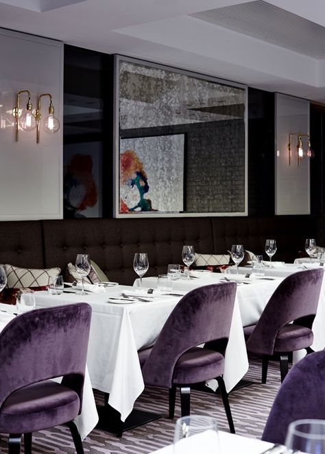 Restaurant Luxury Restaurant Interior, Mayfair Hotel, Purple Chair, Cozy Coffee Shop, Luxury Restaurant, Hotel Project, Corner House, Dark Interiors, Colorful Chairs