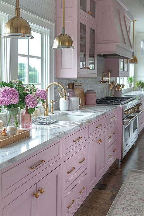 Black White And Pink Kitchen, Pink Black Kitchen, Pink Aesthetic Kitchen, Pink Quartz Countertops, White And Pink Kitchen, Pink Home Aesthetic, Dapur Pink, Kitchen Ideas Pink, Light Pink Kitchen