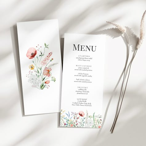 Tiny Wildflower Meadow Wedding Menu Card Chic Wildflower Wedding, Wedding Table Menu Cards, Wedding Table Menus, Boho Fonts, Rustic Outdoor Wedding, Earthy Wedding, Wedding Place Settings, Wedding Menu Cards, Gift Table