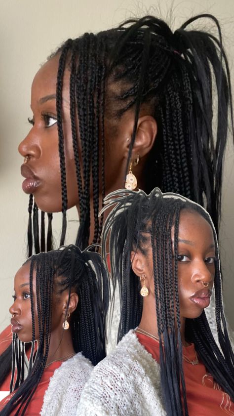 Straight small box braids middle part bangs with half up half down y2k pony tail 4 Box Braids Hairstyles, Box Braid Accessories, Hair Braid Patterns, Y2k Hairstyles, Beautiful Curly Hair, Braids Hairstyles Pictures, Cute Box Braids Hairstyles, Hair Flip, Protective Hairstyles Braids