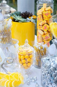 Flowers, Reception, White, Ceremony, Decor, Yellow, La partie events, Modern, Candy, Floral, Aisle, Bar, Fun, Creative, Hotel, Grey, Palm, Monique, Lhuillier, Succulents, Gray, Springs, Sweets, Balls, Succulent, Movie, Billy, Mod, Colony, Crespedia Yellow Candy Buffet, Gold Candy Buffet, Food Wedding Favors, Buffet Dessert, Bar A Bonbon, Sunflower Party, Buffet Ideas, Candy Design, Daughters Wedding