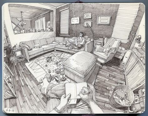 Curvilinear Perspective, Living Room Sketch, Monochromatic Drawing, Paul Heaston, Room Sketch, Pocket Moleskine, Moleskine Sketchbook, Moleskine Art, 그림 낙서