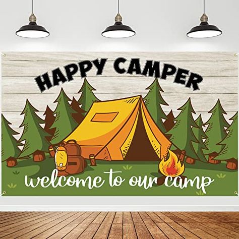 Roetyce Camping Themed Party Decorations Happy Camper Banner Backdrop 5.9 x 3.6 Ft, Outdoor/Indoor Family Camp Gatherings Decor Forest Campfire Photo Background Camping Birthday Party Supplies Camping Themed Party Decorations, Pastel Theme Party, Fest Temaer, Camping Theme Party, Party Photo Backdrop, Camping Birthday Party, Camping Birthday, Camping Decor, Camping Party