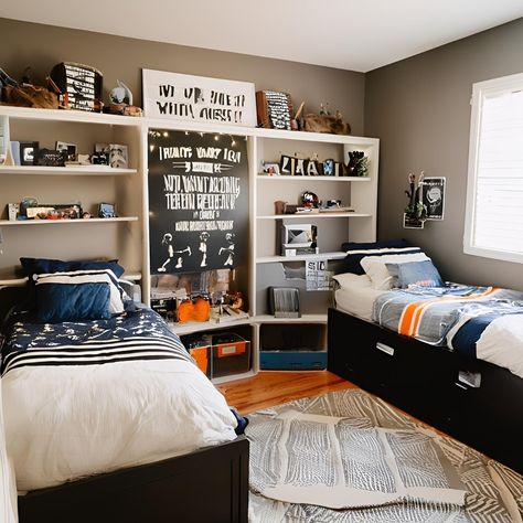 Double the fun with this stylish twin room! This cool room features identical beds with built-in storage and desks, perfect for studying or playing. We love the pops of color with the pillows and the geometric rug. What are your must-have features for a shared twin bedroom? Share your ideas in the comments! Teenage Shared Bedroom Ideas, Boys Bedroom Twin Beds, Boys Shared Room Ideas Small Bedrooms, Shared Teenage Boys Room, Twin Boy Room Ideas, Shared Boys Room Ideas, Boys Shared Bedroom Ideas, Teen Shared Bedroom, Twin Boys Room