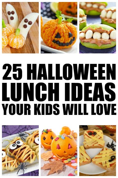 If you're looking for the perfect Halloween food ideas for kids to help make the lead up to trick-or-treating extra special, we've got you covered! We've rounded up 25 fabulous Halloween lunch ideas that will even excite the picky eater in your life. From spooky appetizers and healthy main courses to creepy treats and desserts, we've got all the recipes you need to throw an epic party and make this Halloween the most memorable one yet. Food Ideas For Halloween Party For Kids, Halloween Inspired Lunch For Kids, Preschool Halloween Lunch Ideas, Halloween Toddler Lunch Ideas, Halloween Lunch Ideas For Kids Easy, Spooky Meals For Kids, Halloween Themed School Lunches, Easy Halloween Meals For Kids, Easy Halloween Lunch For Kids