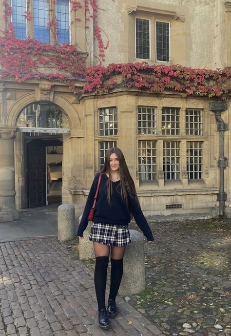 Pleated Plaid Skirt Outfit, Long Socks Outfit, British School Uniform, Tartan Mini Skirt, Sixth Form Outfits, Plaid Skirt Outfit, Mini Pleated Skirt, Black Stockings, Sock Outfits