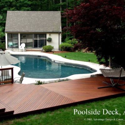 Deck By Pool, Wooden Pool Deck, Mahogany Deck, Decks Around Pools, Mahogany Decking, Garage Design Interior, Beach House Interior Design, Deck Installation, Interior Design Courses