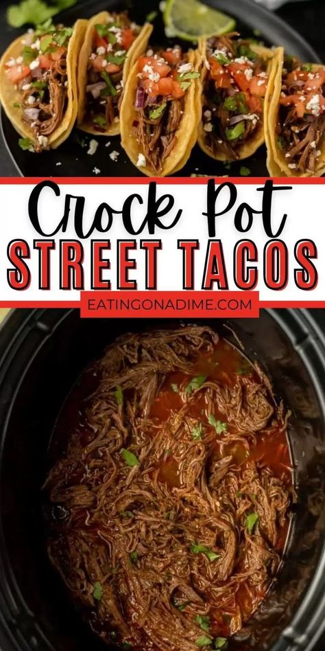 Crock Pot Street Tacos, Carne Asada Street Tacos, Asada Street Tacos, Street Tacos Recipe, Street Taco Recipe, Crock Pot Beef, Easy Crockpot Dinners, Crockpot Recipes Beef, Street Tacos