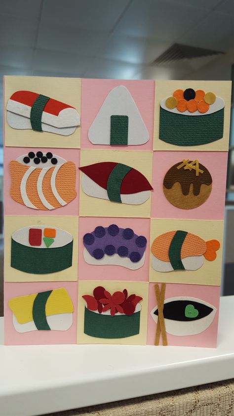 Sushi themed card Sushi Craft For Kids, Surprise Sushi, Sushi Craft, Sushi Card, Sushi For Kids, Food Collage, Japan Decor, Diy Sushi, Kindergarten Projects