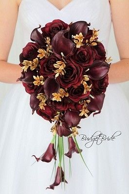 Cascading Teardrop Wedding Brides Bouquet Flowers Wedding Flowers Burgundy, Lilies Wedding, Gold Wedding Bouquets, Burgundy Wedding Flowers, Gold Wedding Flowers, Bridal Wedding Flowers, Gold Bouquet, Wedding Burgundy, Burgundy Bouquet