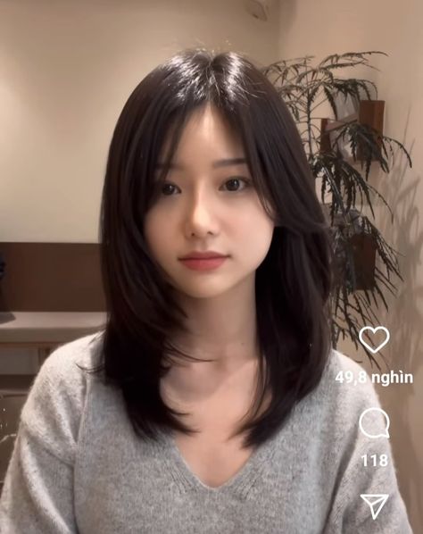 Korean Hairstyle Mid Length, Slightly Below Shoulder Length Hair, Chest Level Haircut Women, Curtain Bangs Short Hair Oval Face, Layers Haircut Asian, Medium Japanese Haircut, No Layers Short Hair, Asian Haircut Thick Hair, Long Bob Long Layers