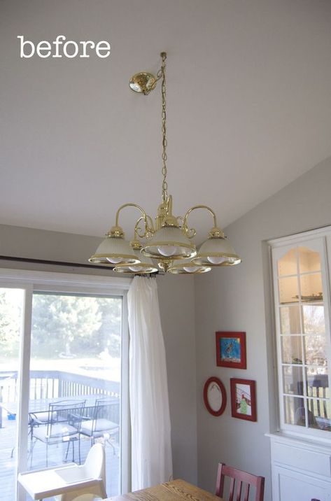 Who Doesn't Love a Good Chandelier Makeover? | matsutake Brass Chandelier Makeover, Chandelier Redo, Yellow Chandelier, Lighting Makeover, Nursery Makeover, Chandelier Makeover, Brass Light Fixture, Diy Chandelier, Brass Chandelier