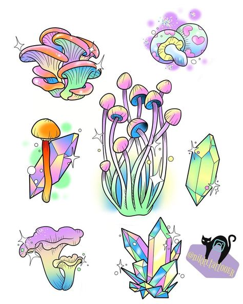 Kawaii Witch Tattoo, Mushrooms And Crystals Drawing, Aesthetic Stickers To Draw, Mushroom And Crystal Drawing, Pastel Goth Tattoo Ideas, Colorful Mushroom Tattoo, Mushroom Drawing Aesthetic, Magic Mushroom Drawing, Kawaii Flash Tattoo