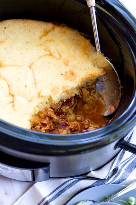 Chili With Cornbread Topping, Box Cornbread, Mexican Chicken Chili, Corn Seasoning, Crockpot Cornbread, Chili With Cornbread, Cornbread Topping, Crockpot Mexican Chicken, The Family Freezer