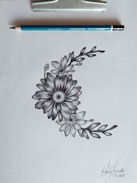 FLORAL MOON Moon Daisy Tattoo, Half Moon Flower Tattoo, Daisy And Moon Tattoo, Full Moon And Flower Tattoo, Daisy Moon Tattoo, Moon And Flowers Tattoo Design, Moon And Sunflower Tattoo, Sunflower Moon Tattoo, Sunflower And Moon Tattoo