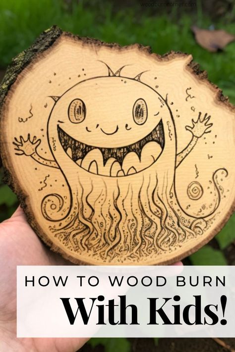 a wood slice with a monster wood burned onto the surface. Wood Burning Tutorial, Kids Project Ideas, Wood Burned Art, Wood Burned Gifts, Pyrography Designs, Craft Project Ideas, Wood Burning Pen, Wood Art Diy, Woodburning Projects