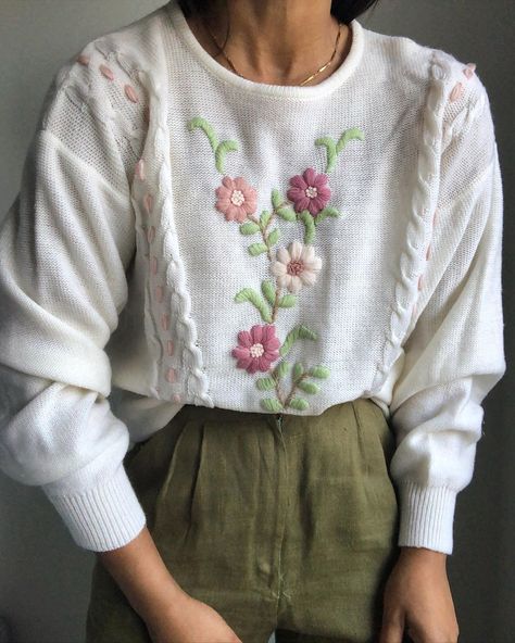 @smallneeds on Instagram: “vintage favorite flower embroidered sweater 🥀” Embroider Jacket, Sweaters Outfit, Favorite Flower, Embroidered Sweater, Embroidered Jacket, Embroidered Flowers, Design Ideas, Tights, Turtle Neck