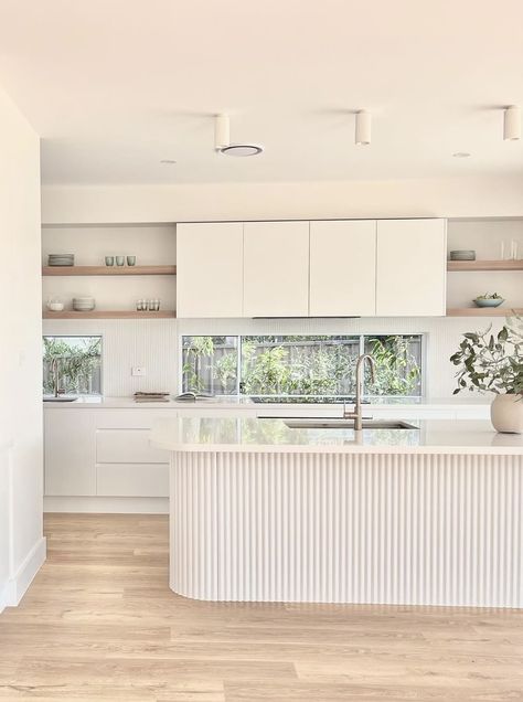 Vj Panel Kitchen Island, Island Kitchen Bench, Kitchen With Vj Panelling, Kitchen With Island Bench, White Timber Kitchen, Vj Panelling Kitchen Cupboards, Australian Kitchen Design, Coastal Galley Kitchen, Modern Hamptons Kitchen Australia