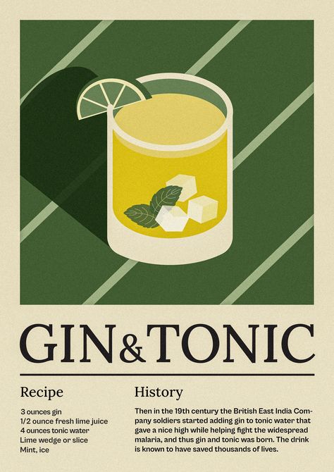 Gin Tonic Recipe, Poster Design Illustration, Cocktail Illustration, Interior Artwork, Bar Poster, Food Graphic Design, Graphic Design Poster, Gin And Tonic, Mixology