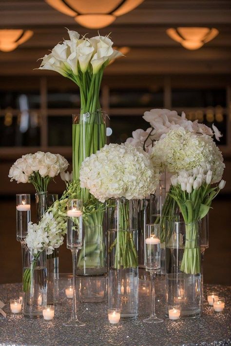 Calla Lily Table Decorations, White Lily Wedding Decorations, Orchids Wedding Decorations, Lilac Reception Decor, Round Table Scape Wedding, Glamour Wedding Decorations, Lily Wedding Centerpieces, Bedroom Window View, Calla Lily Centerpieces